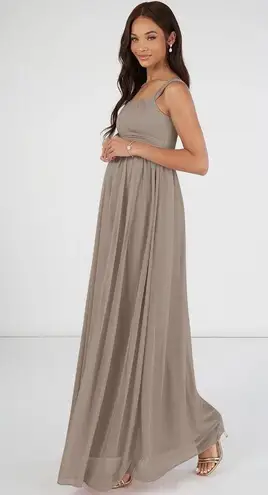 Azazie NWT MELANIE Empire Pleated Mesh Floor-Length Dress Taupe Size A14
