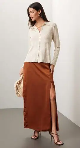 Club Monaco Trycia Brown Slit Satin Bias Midi Skirt Size 6