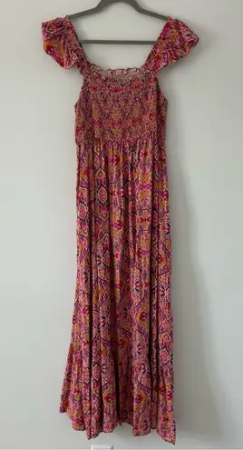 Carly Jean Los Angeles Pink Red Boho Sleeveless Smocked Tiered Maxi Dress L