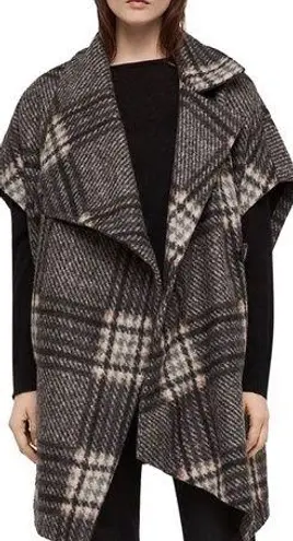 ALLSAINTS  Wrenley Wool Blend Check Plaid Cape Vest Black Grey size L