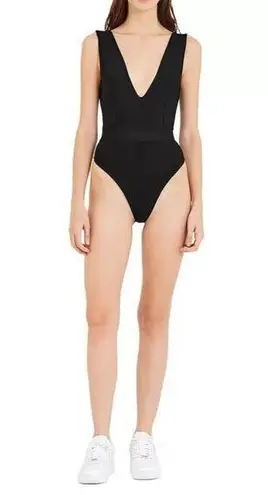 Herve Leger HERVÉ by Hervé Léger Black Plunging Knit Thong Bodysuit Size Large