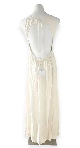 L'Academie  Acton Maxi Dress, Open Back Tie Neck, Ivory Satin Size S, New w/Tag