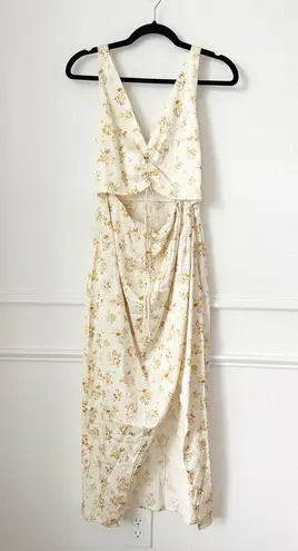 Abercrombie & Fitch NWT Abercrombie Cinch Front Satin Midi Dress in Ivory Yellow Floral sz S