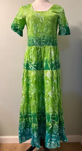 Fairy Ombre Floral Maxi Dress Smocked Tiered Green S boho whimsi Y2K resortWear