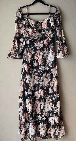 re:named sz S black pink floral off shoulder maxi sundress
