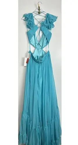 Mac Duggal Ruched Ruffled Shoulder Cut Out Lace Up Gown in Turquoise US 12 NWT