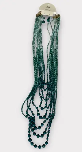 Women’s Beaded Long Layered Teal & Turquoise Necklace & Earring Set #1006 Green