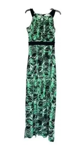 Kenar maxi sleeveless dress green/black abstract print rayon size XS preloved