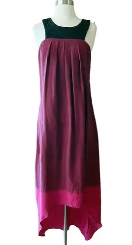 AS BY DF Silk Dress Leather Top Trim Sleeveless Burgundy Ombre Hi