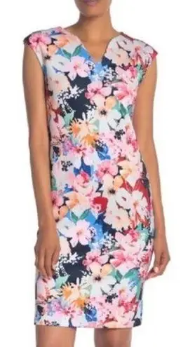 T Tahari Tahari pink watercolor floral scuba V neck cap sleeve midi sheath dress M NEW