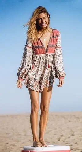 Spell Elle Romper Boho Floral Tassel Tie Rosewood Small EUC White