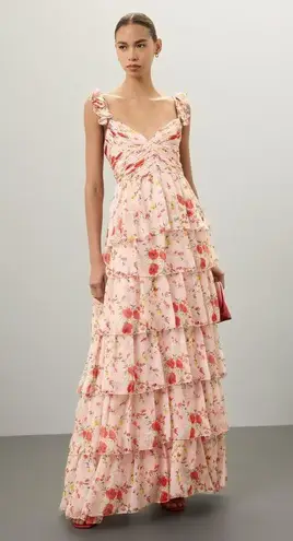 Mac Duggal Pink Floral Ruffled Sweetheart Sleeveless A-Line Gown Size 6