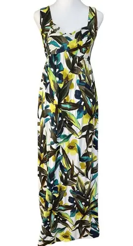 New York & Company Teal White Lime Tropical Print Stretch Maxi Dress Size XS Yellow