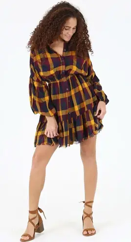 Angie NEW! Boho Plaid Long Sleeve Mini Dress Fringed Hem Grunge