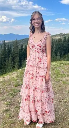 Mac Duggal Pink Floral Ruffled Sweetheart Sleeveless A-Line Gown Size 6