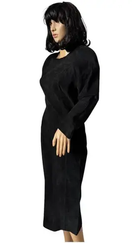 Vintage 80's Cedars Black Suede Batwing Sleeve round neck Midi Dress small