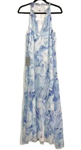 Saylor NWT Annela Sleeveless Tiered Ruffle Midi Dress M in Marble Blue White