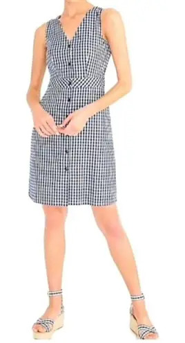 J.CREW Seersucker Navy Blue White Gingham Plaid Button Front Sheath Dress Size 8
