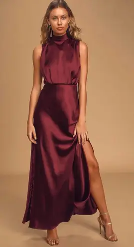 Lulus Classic Elegance Wine Satin Sleeveless Mock Neck Maxi Dress