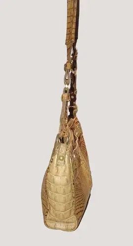 Brahmin Brown Tan Gold Leather Shoulder Bag Alligator Crocodile Embossed Zip