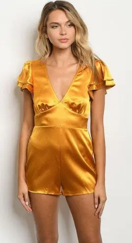 Emory park GOLD RUFFLE SLEEVE SATIN ROMPER 