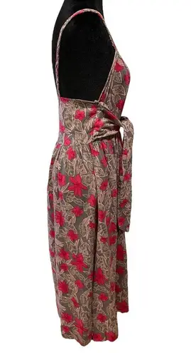 NEW Dip Pink Gray Tropical Artsy Floral Linen Sleeveless Tie Waist Midi Dress