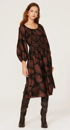 Rebecca Taylor Arden Black Floral Blouson Sleeve Scoop Ruched Silk Midi Dress XS