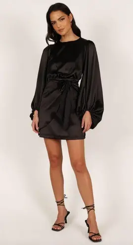 Petal and Pup  Opal Black Satin Long Balloon Sleeve Wrap Mini Dress 14