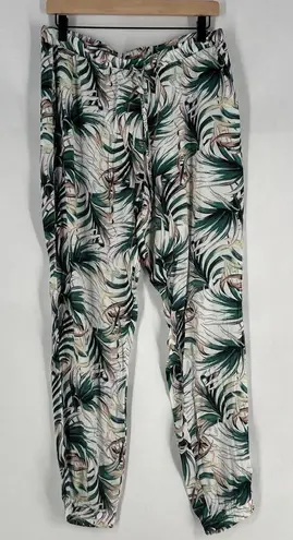 Orsay Lightweight Tropical Leaf Print Drawstring Waist Jogger Pants Size 10 Green