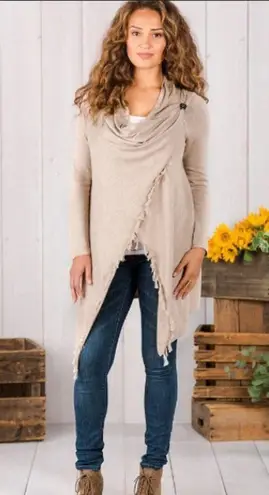 Matilda Jane Beige Come On Over Cardigan Size M Wrap Sweater Fringe Poncho