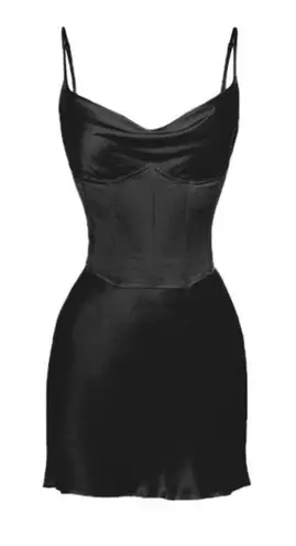 Heiress Beverly Hills Black Corset Satin Slip Dress in Black