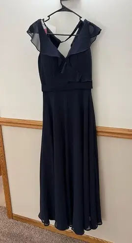 Mori Lee Madeline Gardner Bridesmaid Navy Blue Chiffon Maxi Dress Size 8