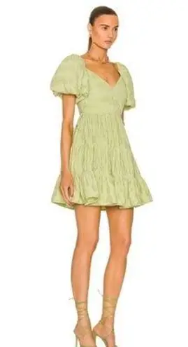 Jonathan Simkhai Cadence Mini Dress Size 2 NWT Green Puff Sleeve Ruffle Hem