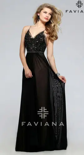 Faviana Long black Chiffon Dress With Beaded Top