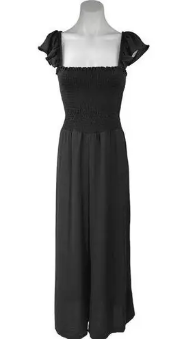 Veronica M Black Flutter Sleeve Smocked Square Neck Wide Leg Romper Jumpsuit L