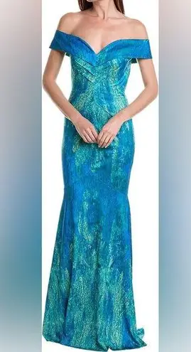 Rene Ruiz Collection Off the Shoulder Fit and Flare Gown Blue Green Women’s Sz 0