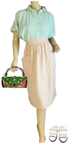 Ezra BEIGE ELASTIC WAIST APRON POCKETS MIDI SKIRT (L)