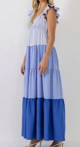 English Factory Ruffle Shoulder Color Block Tiered Maxi Dress