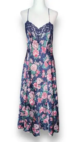 Vintage 90s Slip Dress Blue Baby Pink Spaghetti Strap Dark Floral Open Back Lace Size M