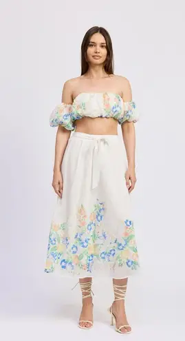En Saison Julia Midi Skirt White Blue Multi Size Small NWT