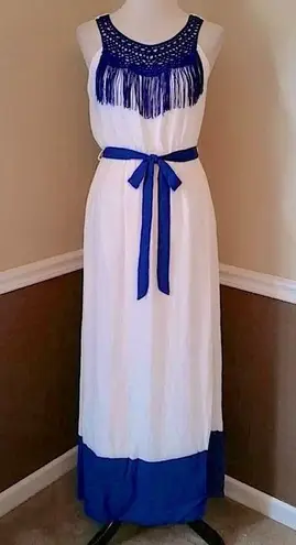 Pink Owl Modcloth White with Blue Fringe & Crochet Trim Halter Maxi Dress Boho