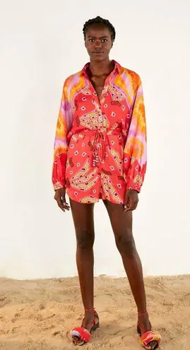 Farm Rio ππ Red Tiki Bananas Scarf Sleeve Romper ~ Tie Dye Cashew Small S NWT