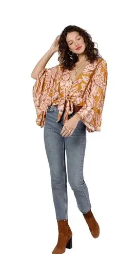 BAND OF THE FREE Libby Gold Floral Bell Sleeve Cropped Top Button Up NWT Small