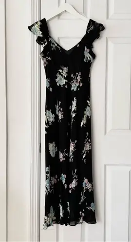 Evan Picone Black Floral 90s V Neck Flutter Sleeve Midi Sun Dress 10P Lined