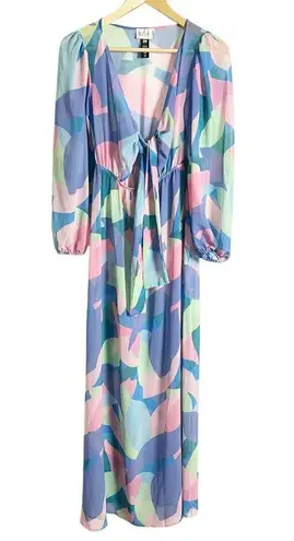 Beach Riot Shiloh Printed Long Sleeve V-Neck Tie Front Coverup Maxi Dress Small