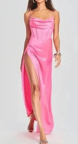 Retrofete Rosa Corset Drape Open Back Satin Maxi Slip Gown Dress Hot Pink Large