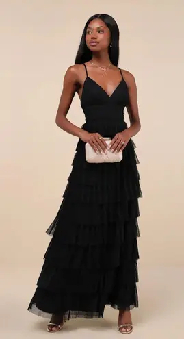 LULU’S Radiant Event Black Mesh Tiered Pleated Backless Maxi Dress Size XL