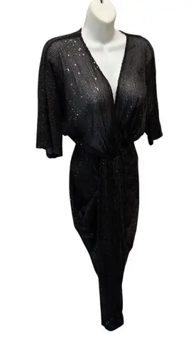 Baltic Born Sequin Deep Plunge Ruched Midi Dress Sz S Black Sparkle High Slit