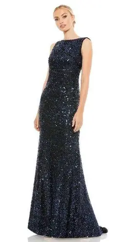 Mac Duggal 26331 Midnight Blue Cowl Back Boat Neck Sequined Evening Gown Size 4