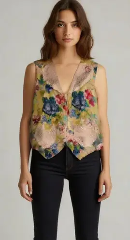 Vintage Floral Vest Lace Embellished Crochet Heart Yellow Size XL